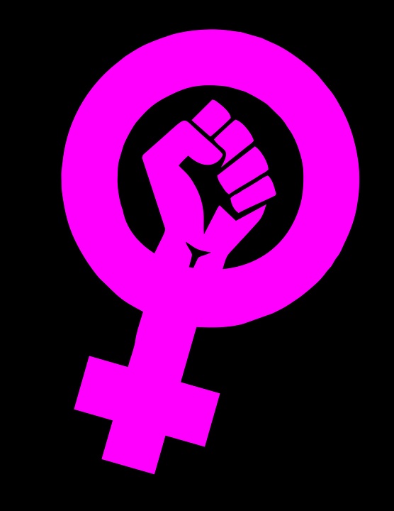 The feminism logo. It is pink on a black background