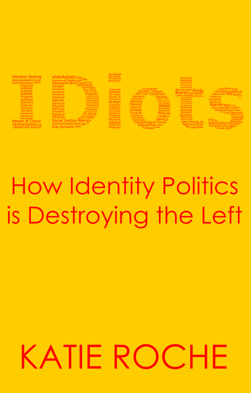 The cover to Katie Roche's book, Idiots. It has a orange-yellow background, with red text.